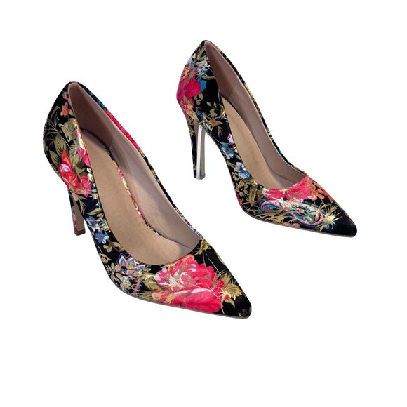 Black & Gold Stiletto Heels With Floral Pattern in Vibrant Colors Size 36 EURO - Picture 3 of 8